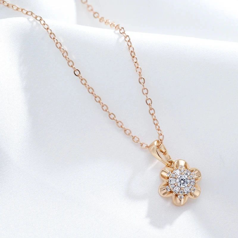 Charming 585 Rose Gold Crystal Floral Pendant Necklace with Natural Zircon Accents