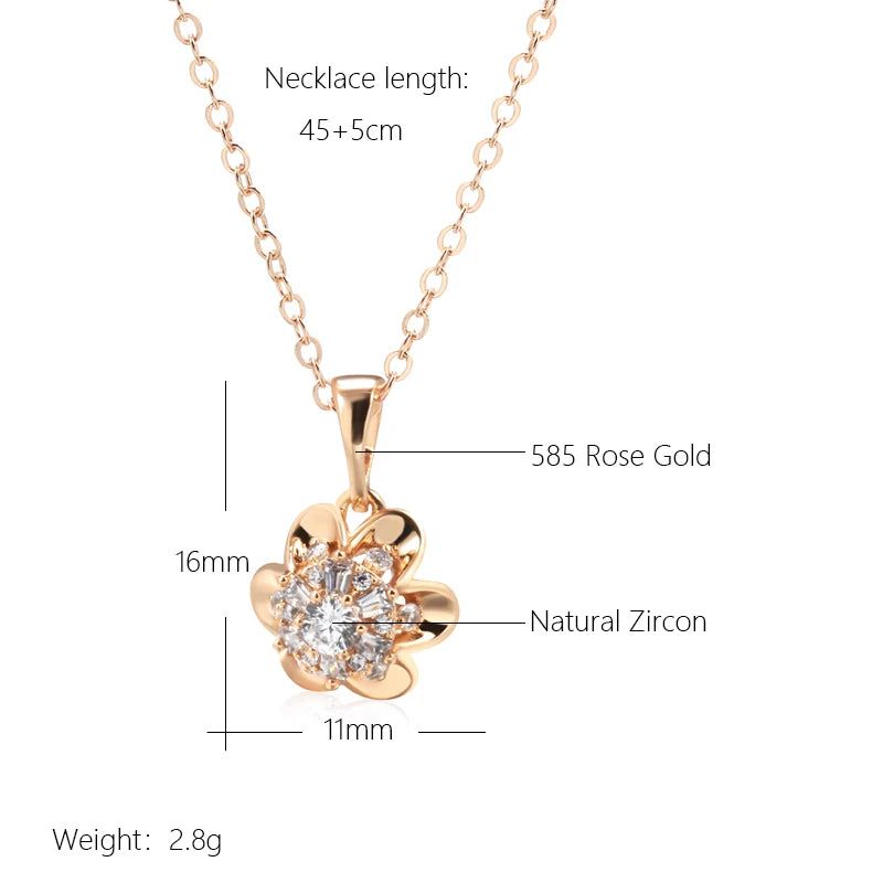 Charming 585 Rose Gold Crystal Floral Pendant Necklace with Natural Zircon Accents