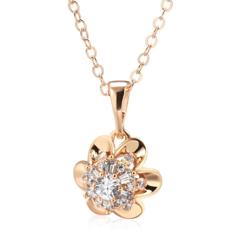 Charming 585 Rose Gold Crystal Floral Pendant Necklace with Natural Zircon Accents