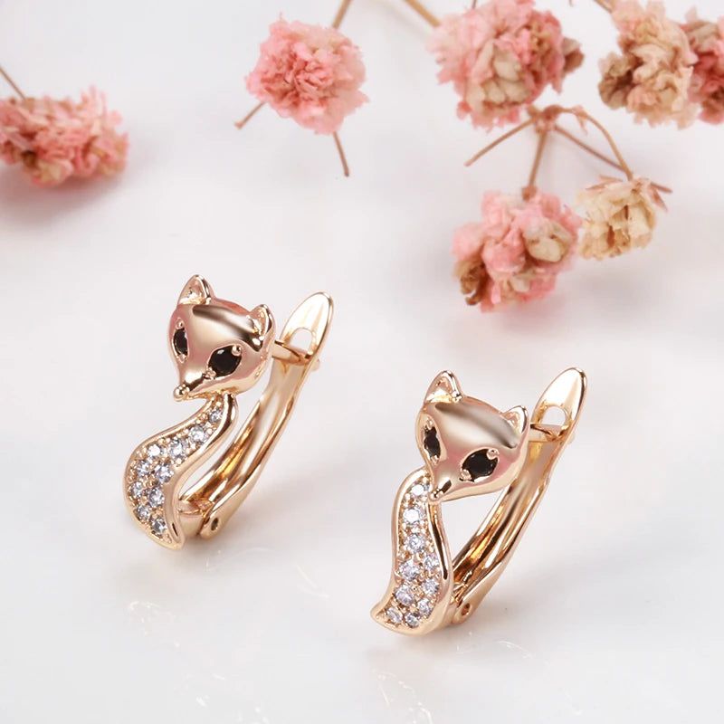 Charming 585 Rose Gold Fox Drop Earrings with Black Zircon – Unique Vintage Jewelry