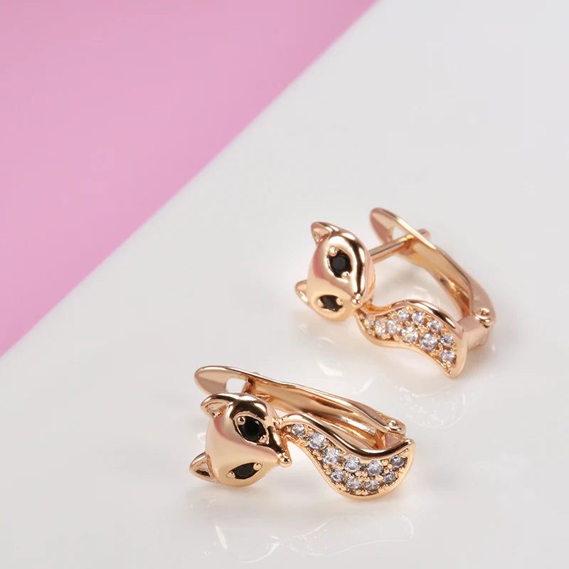 Charming 585 Rose Gold Fox Drop Earrings with Black Zircon – Unique Vintage Jewelry