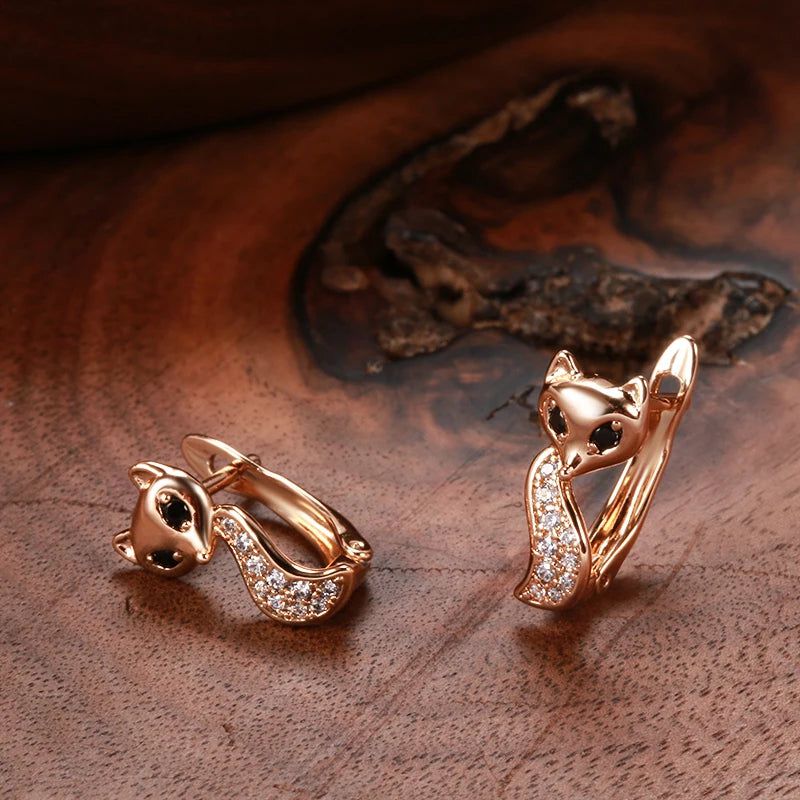 Charming 585 Rose Gold Fox Drop Earrings with Black Zircon – Unique Vintage Jewelry