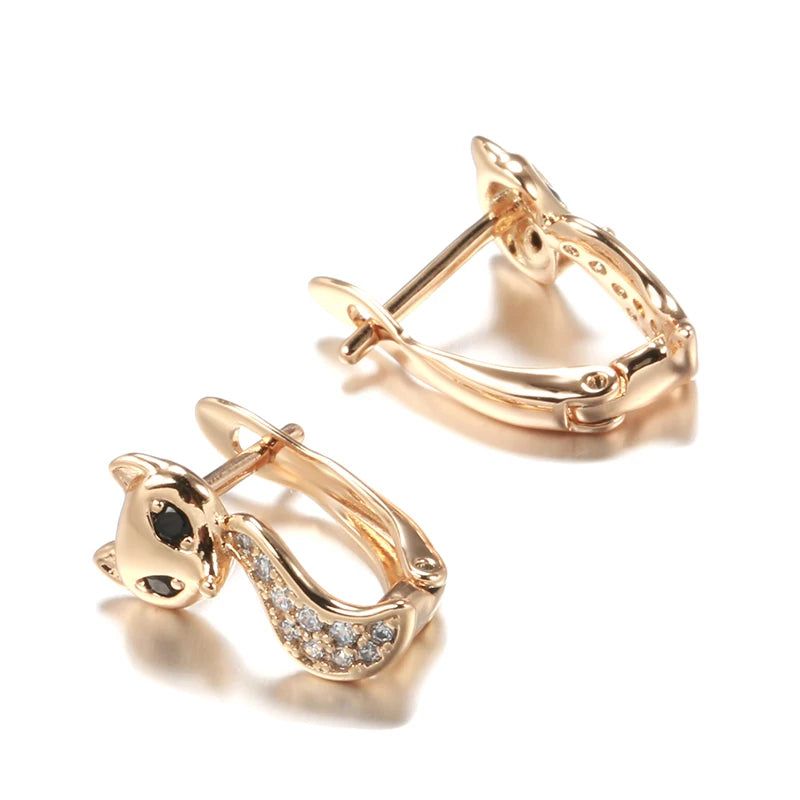 Charming 585 Rose Gold Fox Drop Earrings with Black Zircon – Unique Vintage Jewelry