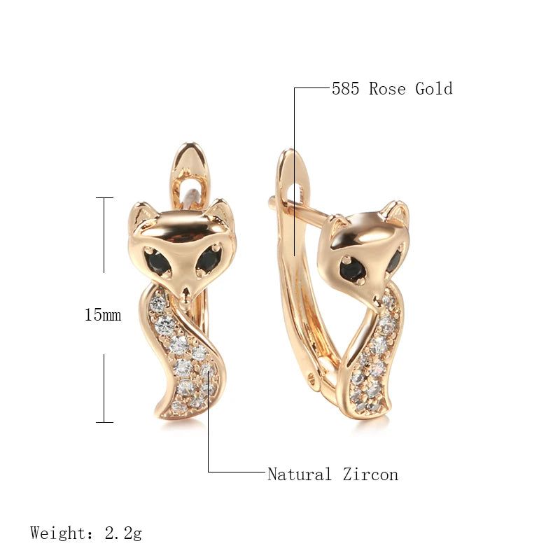 Charming 585 Rose Gold Fox Drop Earrings with Black Zircon – Unique Vintage Jewelry