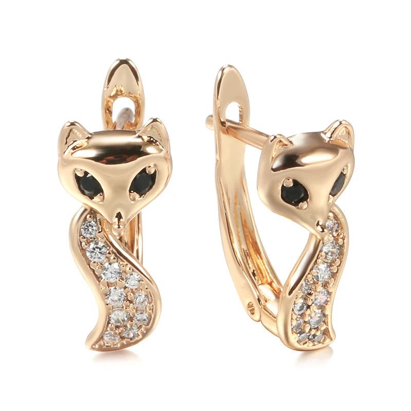 Charming 585 Rose Gold Fox Drop Earrings with Black Zircon – Unique Vintage Jewelry