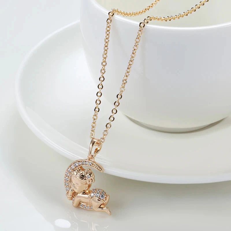 Charming 585 Rose Gold Moon Baby Pendant Necklace with Natural Zircon Crystal for Kids