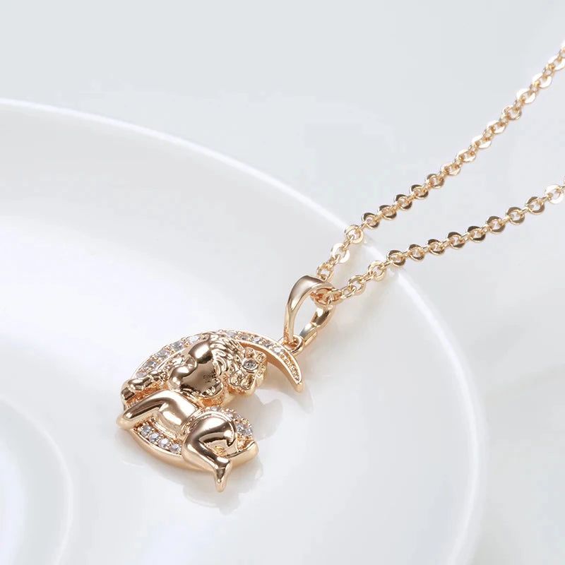 Charming 585 Rose Gold Moon Baby Pendant Necklace with Natural Zircon Crystal for Kids