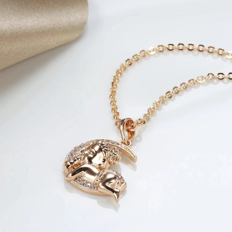 Charming 585 Rose Gold Moon Baby Pendant Necklace with Natural Zircon Crystal for Kids