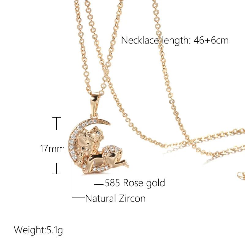 Charming 585 Rose Gold Moon Baby Pendant Necklace with Natural Zircon Crystal for Kids