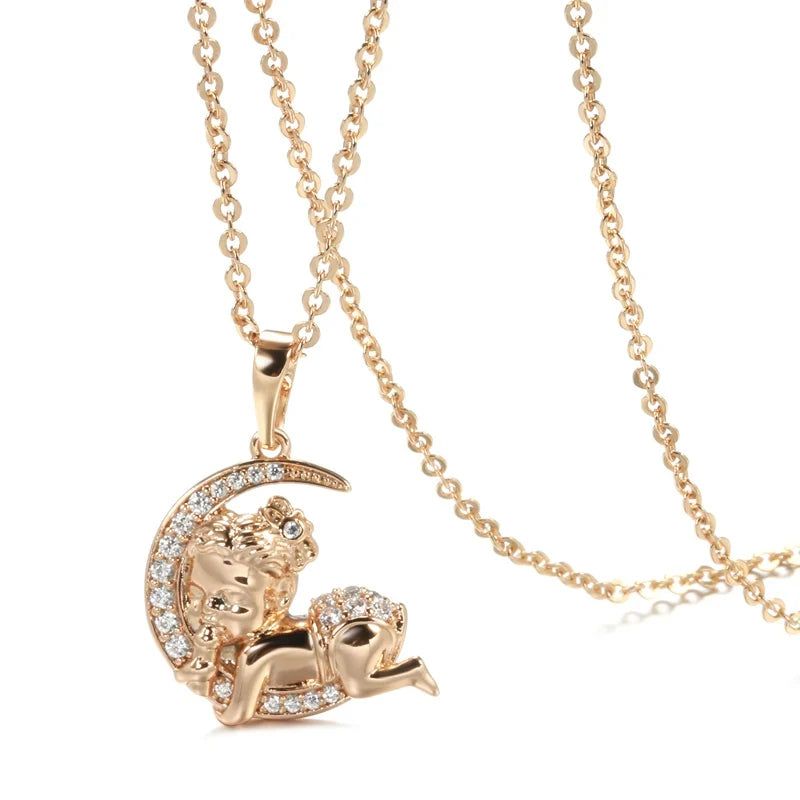 Charming 585 Rose Gold Moon Baby Pendant Necklace with Natural Zircon Crystal for Kids