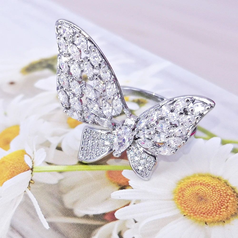 Charming Butterfly-Inspired Rhodium Plated Cocktail Ring with Zircon Accents