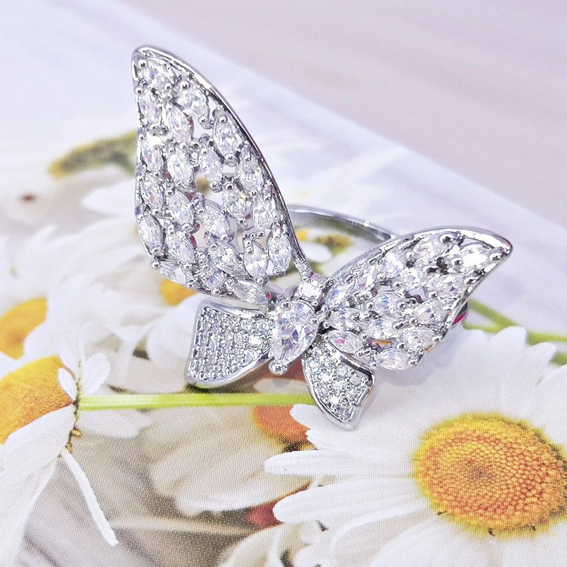 Charming Butterfly-Inspired Rhodium Plated Cocktail Ring with Zircon Accents