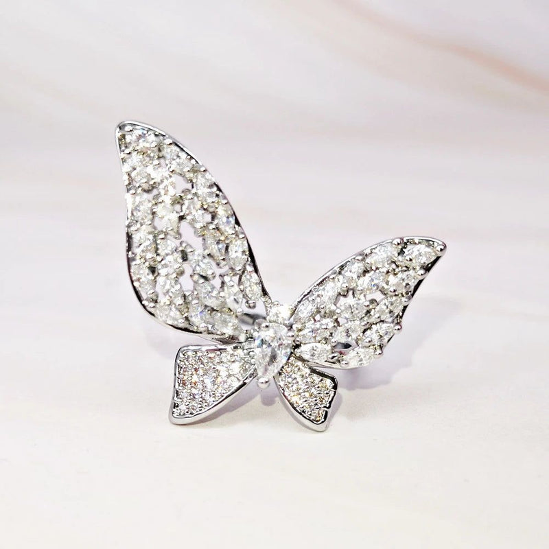 Charming Butterfly-Inspired Rhodium Plated Cocktail Ring with Zircon Accents