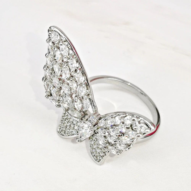 Charming Butterfly-Inspired Rhodium Plated Cocktail Ring with Zircon Accents