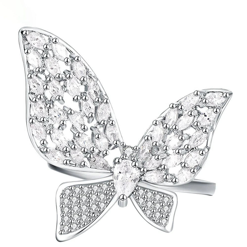 Charming Butterfly-Inspired Rhodium Plated Cocktail Ring with Zircon Accents