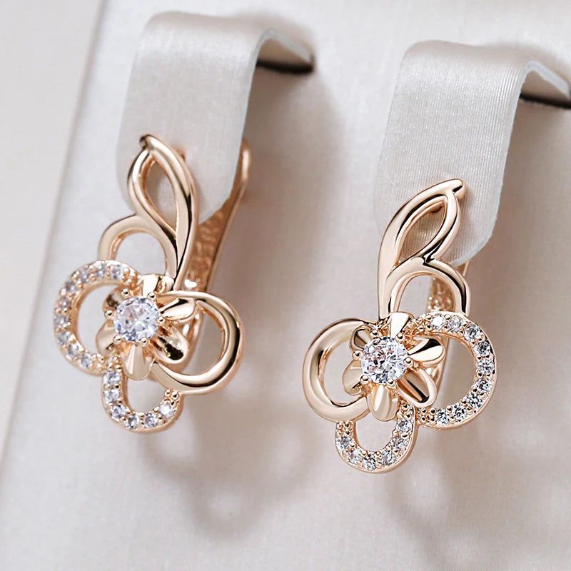 Charming Geometric Flower Drop Earrings in 585 Rose Gold with Natural Zircon