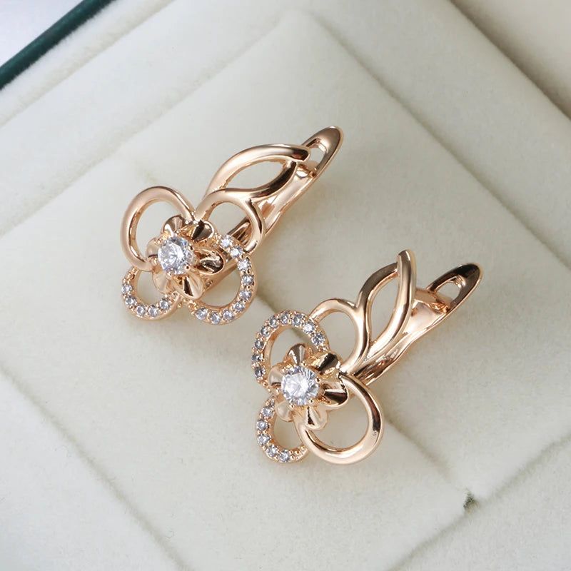 Charming Geometric Flower Drop Earrings in 585 Rose Gold with Natural Zircon