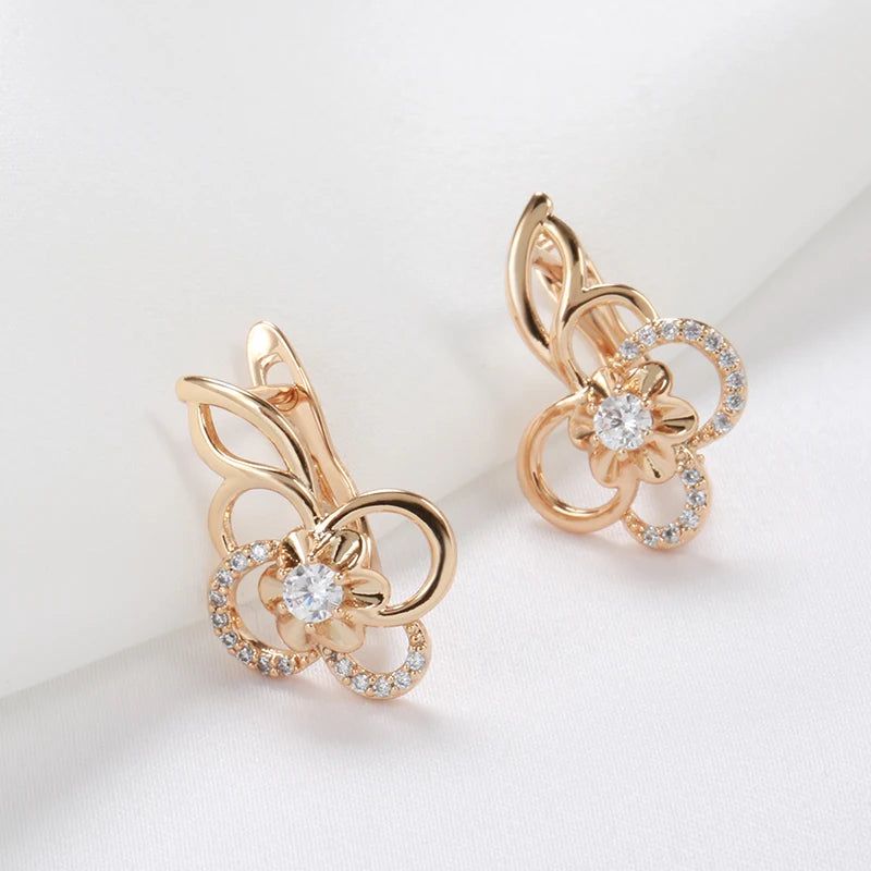 Charming Geometric Flower Drop Earrings in 585 Rose Gold with Natural Zircon