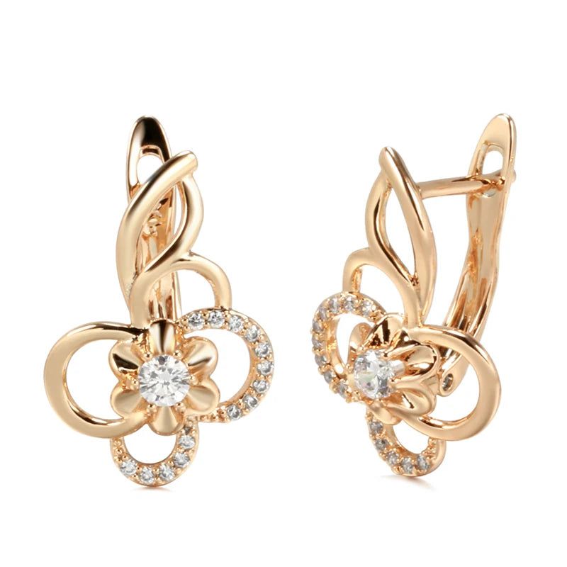 Charming Geometric Flower Drop Earrings in 585 Rose Gold with Natural Zircon