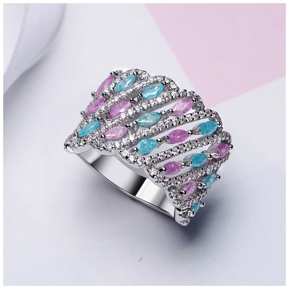 Charming Light Blue and Pink Glitter Zircon Cocktail Rings for Stylish Occasions