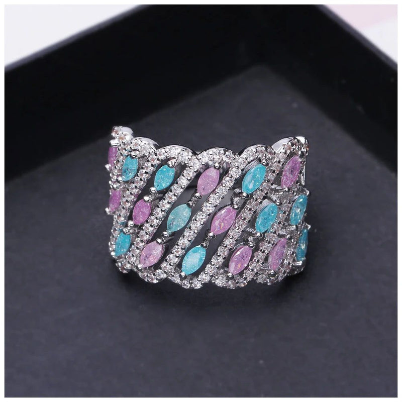 Charming Light Blue and Pink Glitter Zircon Cocktail Rings for Stylish Occasions