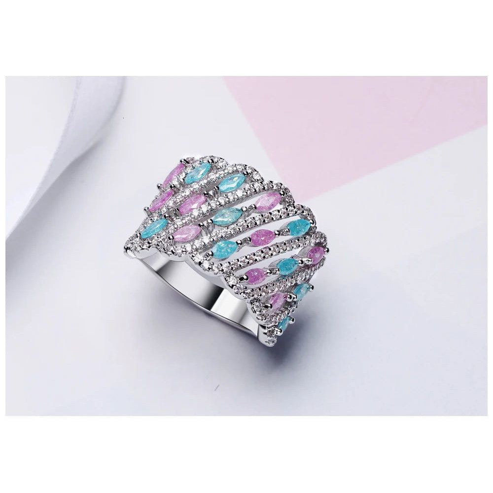 Charming Light Blue and Pink Glitter Zircon Cocktail Rings for Stylish Occasions