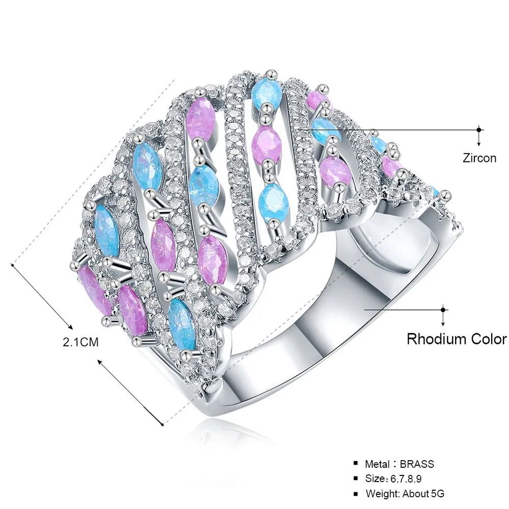 Charming Light Blue and Pink Glitter Zircon Cocktail Rings for Stylish Occasions