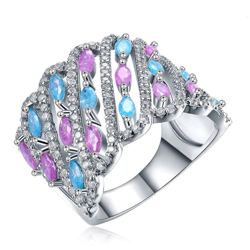 Charming Light Blue and Pink Glitter Zircon Cocktail Rings for Stylish Occasions