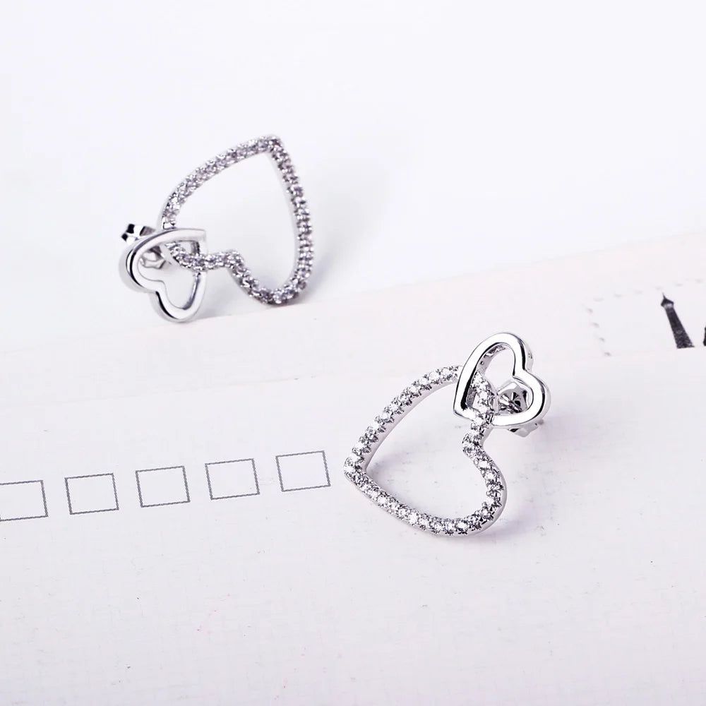 Charming Linked Hearts Stud Earrings with Clear CZ in Rhodium Finish