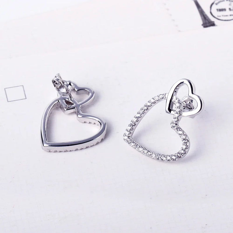 Charming Linked Hearts Stud Earrings with Clear CZ in Rhodium Finish