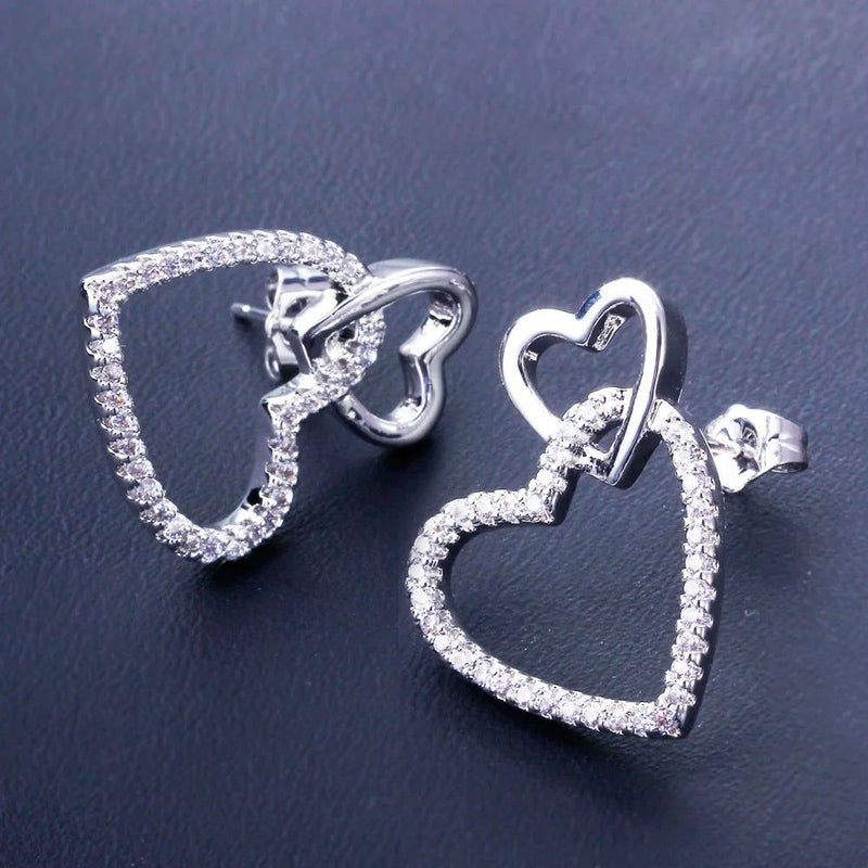 Charming Linked Hearts Stud Earrings with Clear CZ in Rhodium Finish