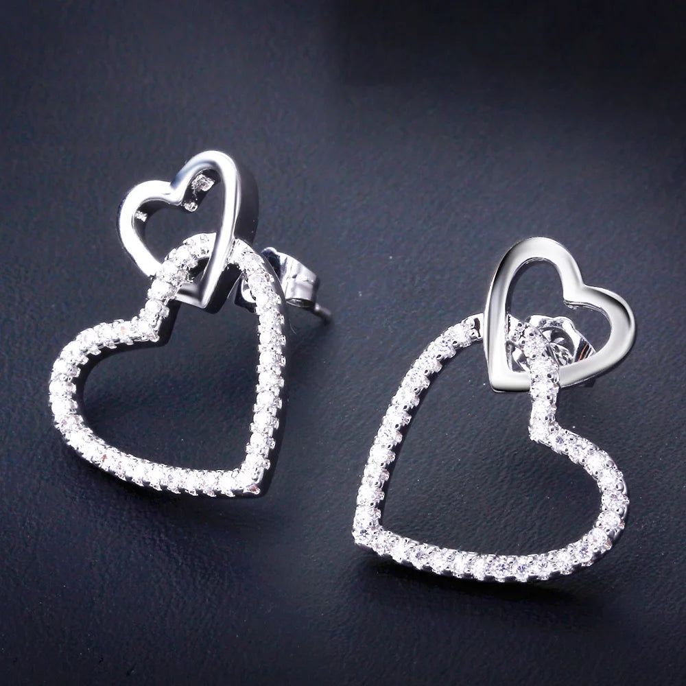 Charming Linked Hearts Stud Earrings with Clear CZ in Rhodium Finish