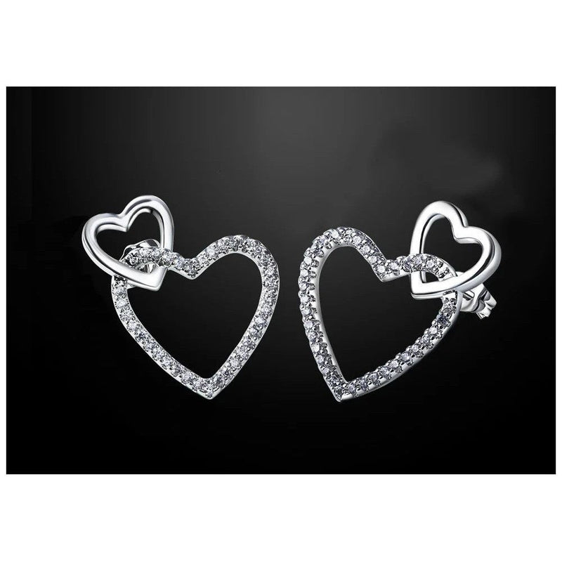 Charming Linked Hearts Stud Earrings with Clear CZ in Rhodium Finish