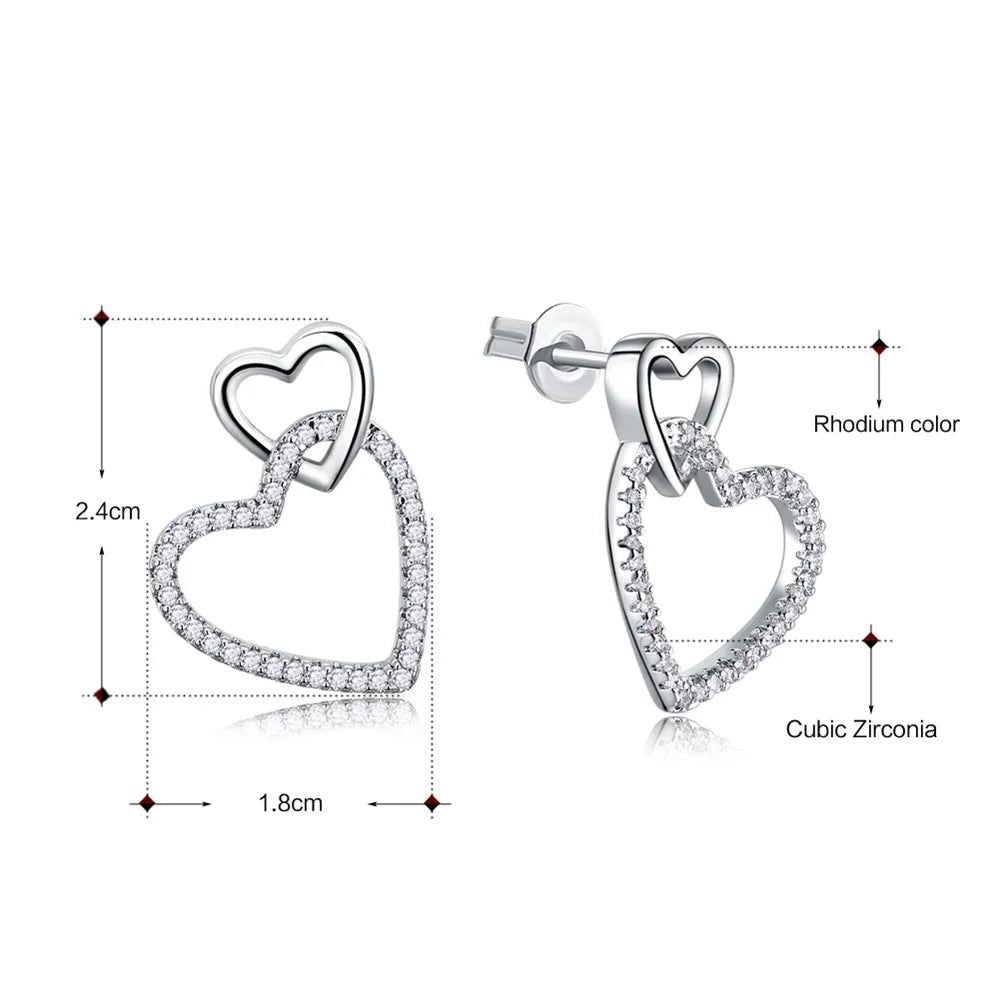 Charming Linked Hearts Stud Earrings with Clear CZ in Rhodium Finish