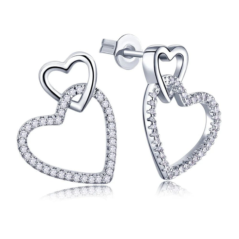 Charming Linked Hearts Stud Earrings with Clear CZ in Rhodium Finish