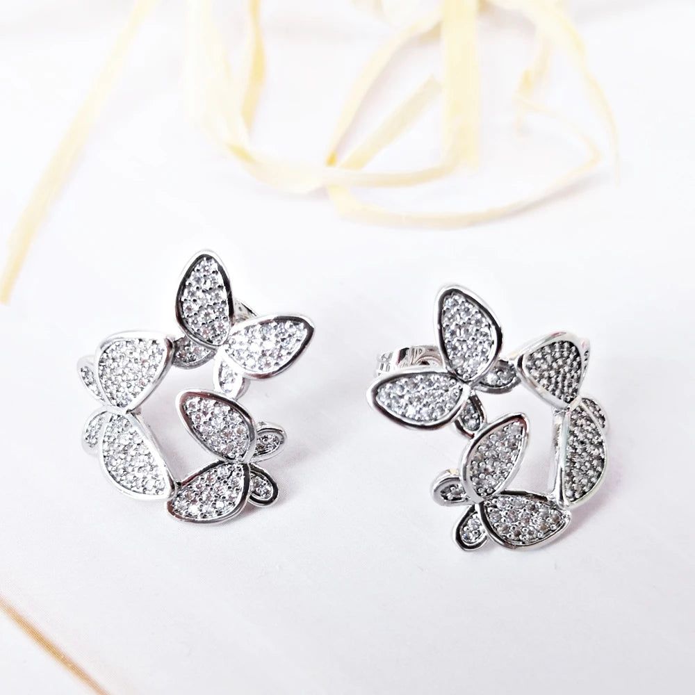 Charming Rhodium Plated Butterfly Stud Earrings with Zircon Accents