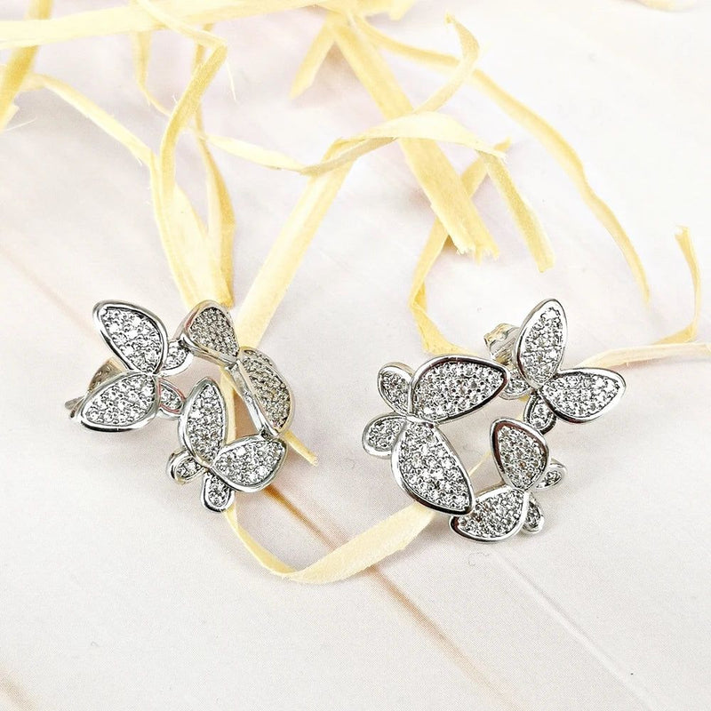 Charming Rhodium Plated Butterfly Stud Earrings with Zircon Accents