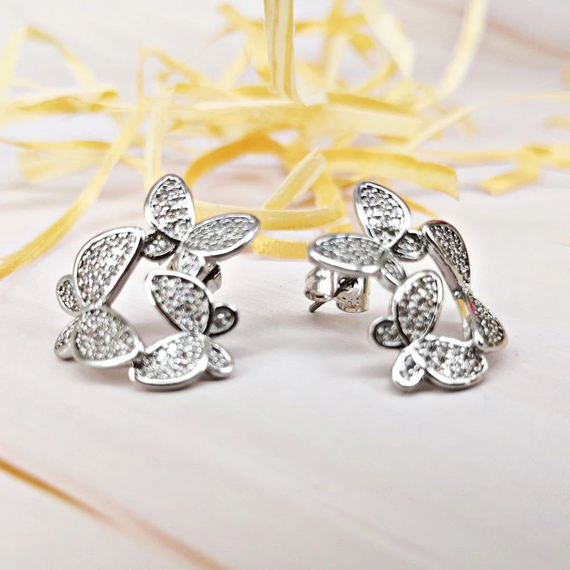 Charming Rhodium Plated Butterfly Stud Earrings with Zircon Accents