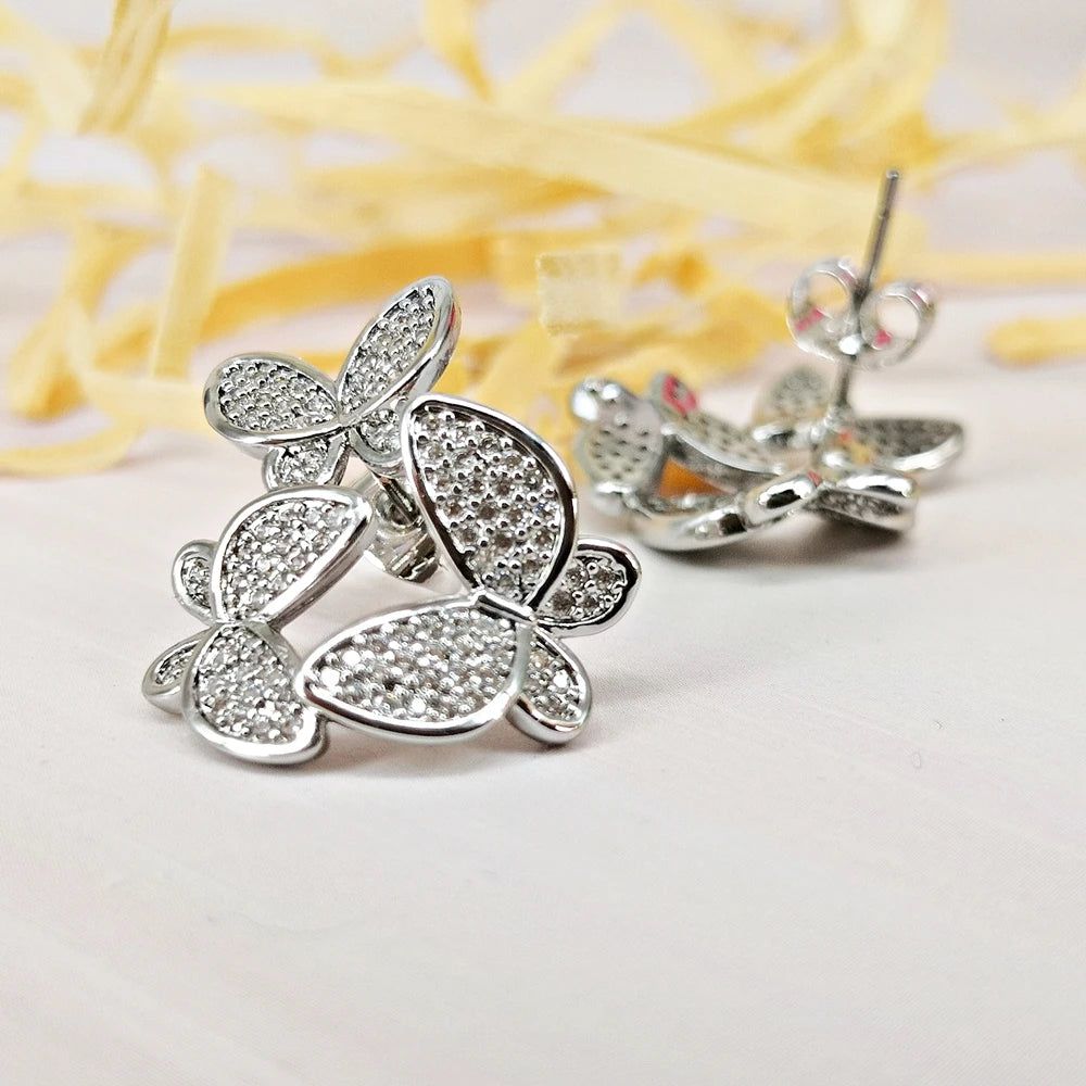 Charming Rhodium Plated Butterfly Stud Earrings with Zircon Accents