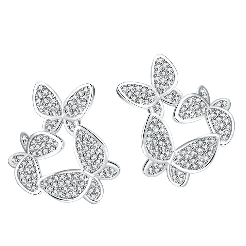 Charming Rhodium Plated Butterfly Stud Earrings with Zircon Accents