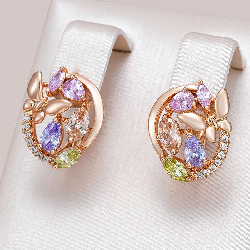 Charming Rose Gold Butterfly Drop Earrings with Colorful Zircon Accents