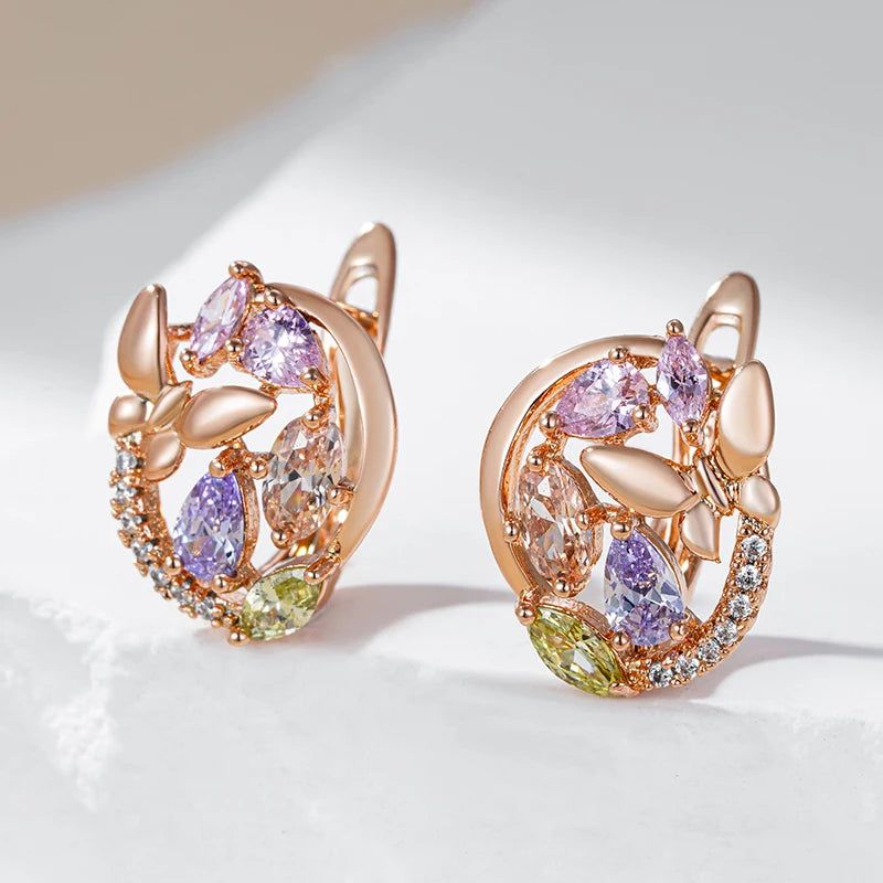 Charming Rose Gold Butterfly Drop Earrings with Colorful Zircon Accents