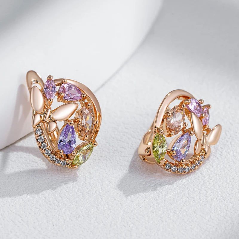 Charming Rose Gold Butterfly Drop Earrings with Colorful Zircon Accents