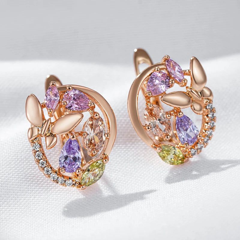 Charming Rose Gold Butterfly Drop Earrings with Colorful Zircon Accents