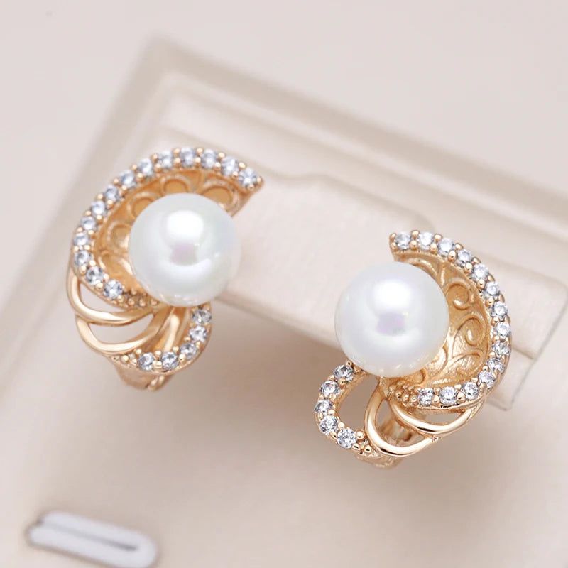 Charming Rose Gold Floral Pearl Dangle Earrings - Elegant Fashion Jewelry