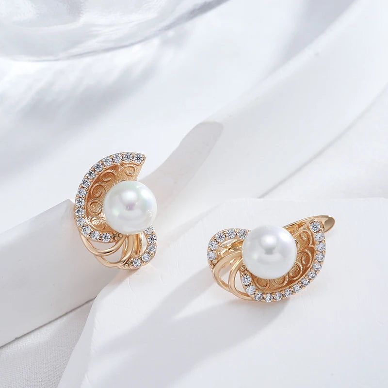 Charming Rose Gold Floral Pearl Dangle Earrings - Elegant Fashion Jewelry