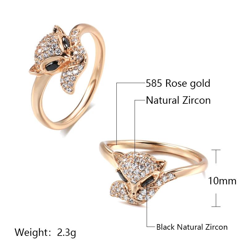 Charming Rose Gold Fox Ring with Black Natural Zircon - Vintage Animal-Inspired Fashion Jewelry