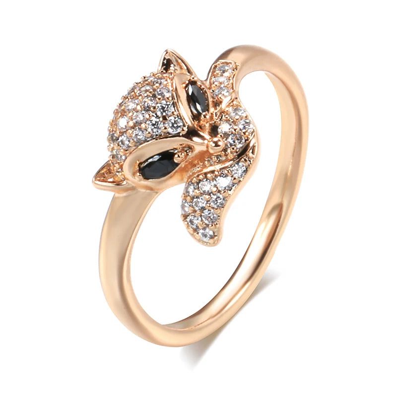 Charming Rose Gold Fox Ring with Black Natural Zircon - Vintage Animal-Inspired Fashion Jewelry