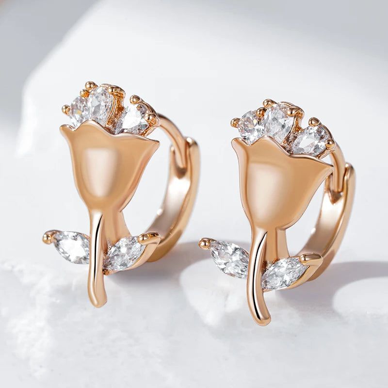 Charming Vintage-Inspired Zircon Flower Earrings in 585 Rose Gold Finish