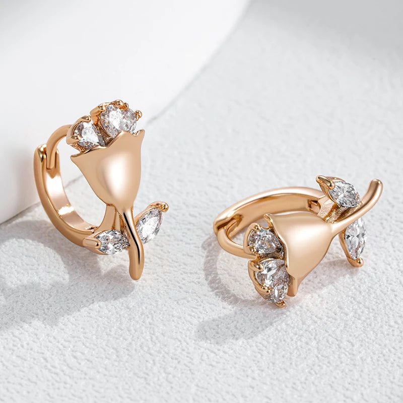 Charming Vintage-Inspired Zircon Flower Earrings in 585 Rose Gold Finish